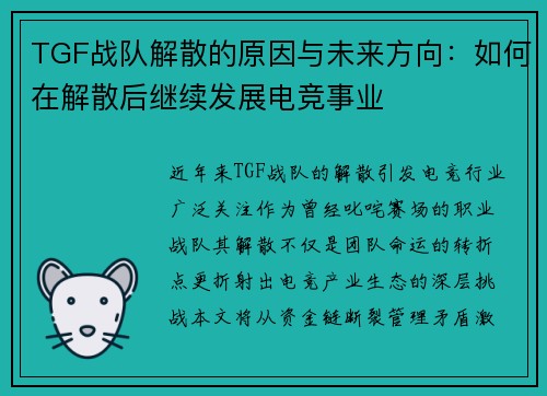 TGF战队解散的原因与未来方向：如何在解散后继续发展电竞事业