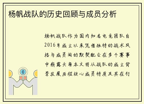 杨帆战队的历史回顾与成员分析